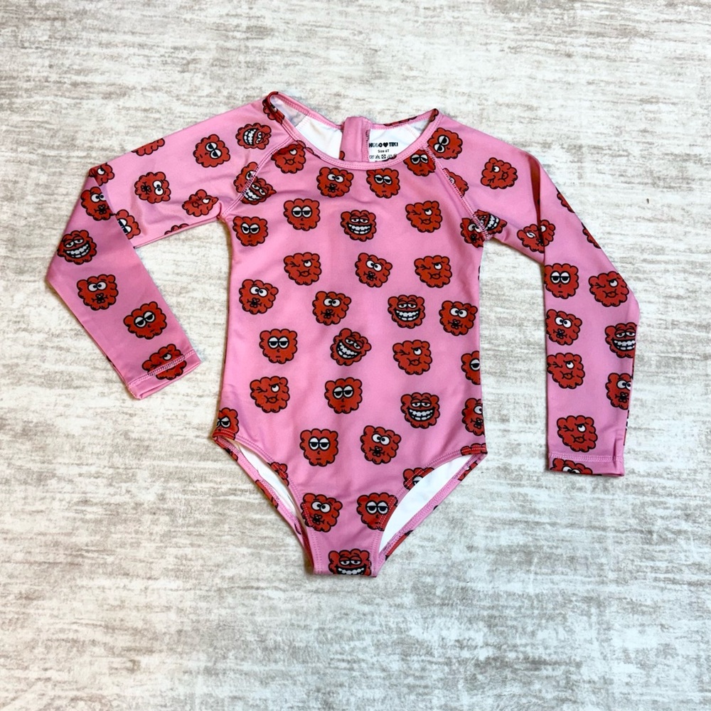 Hugo Loves Tiki Girls 6T Pink Print Long Sleeve One Piece Swimsuit Summer Pool